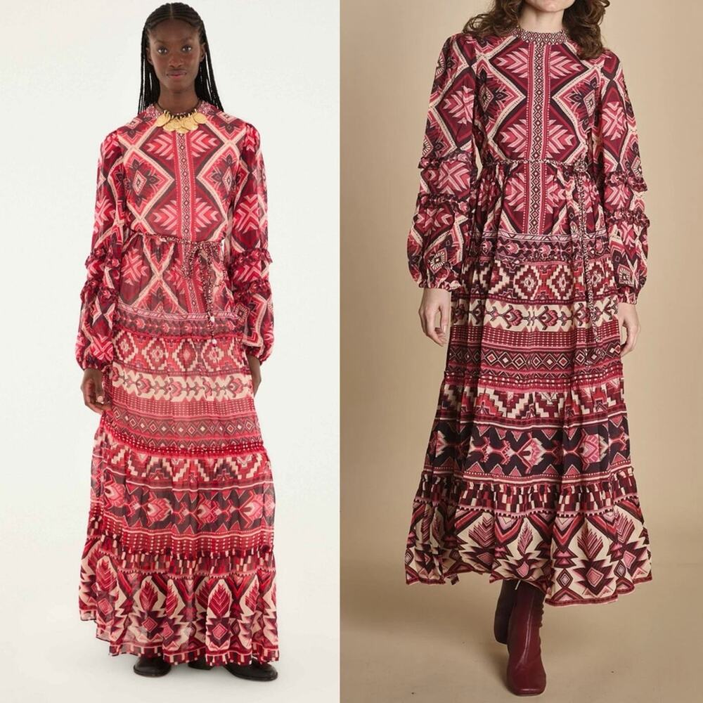 Farm Rio Red Graphic Ainika Belted Tiered Maxi Dress XL